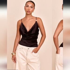 PrettyLittleThing Chocolate Satin Bead Detail Cowl Neck Top- 8